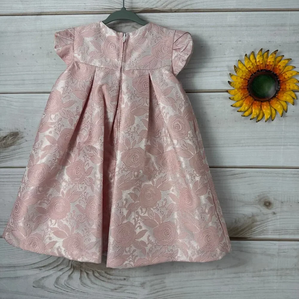 Bonnie Baby Girls‎ Pink Brocade Rose Floral Bow Dress Set 24M